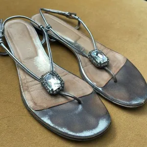 Valentino Garavani Pewter Metallic Jeweled Flat Sandals 8