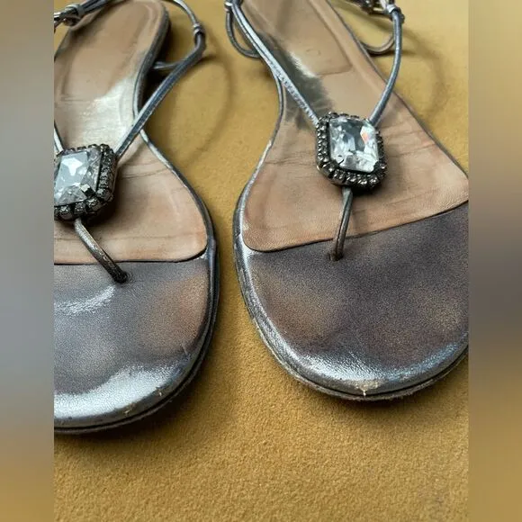 Valentino Garavani Pewter Metallic Jeweled Flat Sandals 8