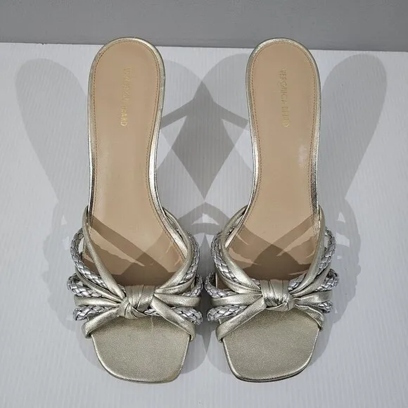 Veronica Beard Misa Heels Slip On Sandal Platinum Silver Gold Leather Size 10.5