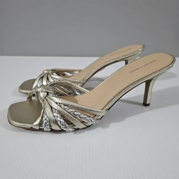 Veronica Beard Misa Heels Slip On Sandal Platinum Silver Gold Leather Size 10.5