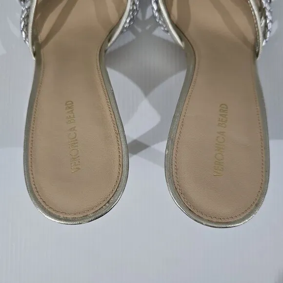 Veronica Beard Misa Heels Slip On Sandal Platinum Silver Gold Leather Size 10.5