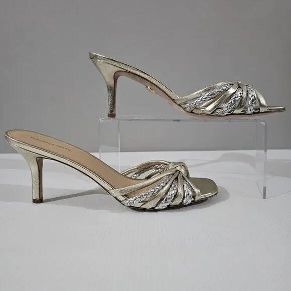 Veronica Beard Misa Heels Slip On Sandal Platinum Silver Gold Leather Size 10.5