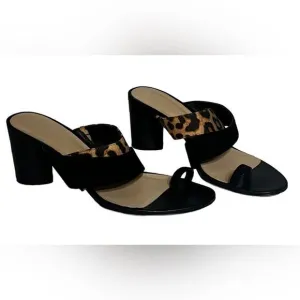 Veronica Beard Zuri Toe Ring Leopard Black Suede Sandals Heels Size 8.5M