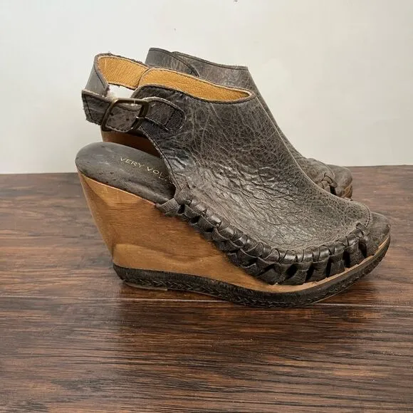 Very Volatile Absolute Distressed Braided Leather Peep Toe Wedge Heel Sandals 6