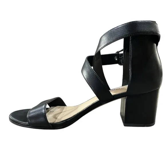 Via Spiga Black Leather Criss Cross Strap Block Heel Open Toe Sandals Size 7.5