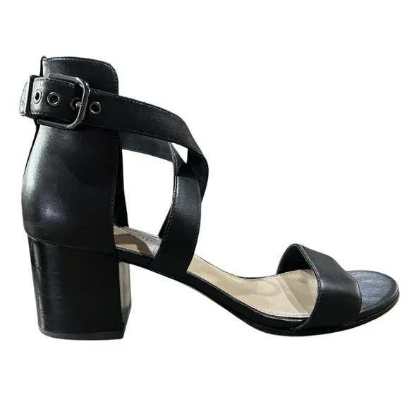 Via Spiga Black Leather Criss Cross Strap Block Heel Open Toe Sandals Size 7.5