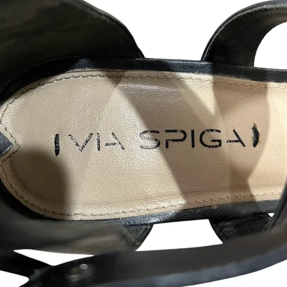 Via Spiga Black Leather Criss Cross Strap Block Heel Open Toe Sandals Size 7.5