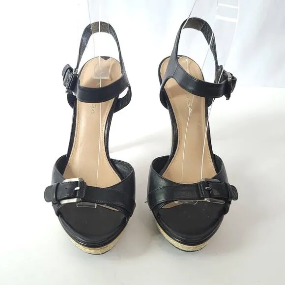 Via Spiga Black Leather Open Toe Espadrille Heeled Sandals Ankle Strap Size 6.5