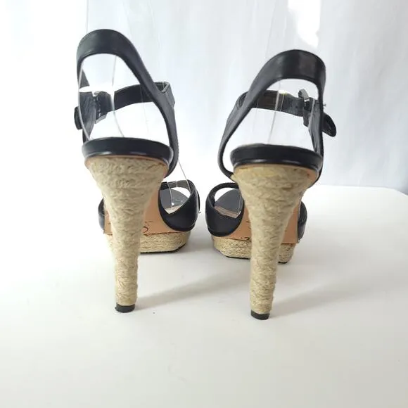 Via Spiga Black Leather Open Toe Espadrille Heeled Sandals Ankle Strap Size 6.5