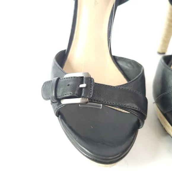 Via Spiga Black Leather Open Toe Espadrille Heeled Sandals Ankle Strap Size 6.5