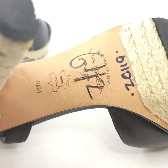 Via Spiga Black Leather Open Toe Espadrille Heeled Sandals Ankle Strap Size 6.5