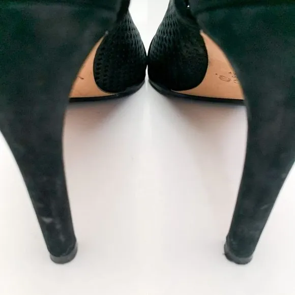 Vince Aden Laser Cut Peep Toe Slingback Black Heel Sandals Size 8