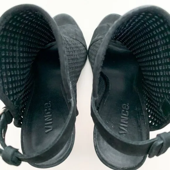 Vince Aden Laser Cut Peep Toe Slingback Black Heel Sandals Size 8