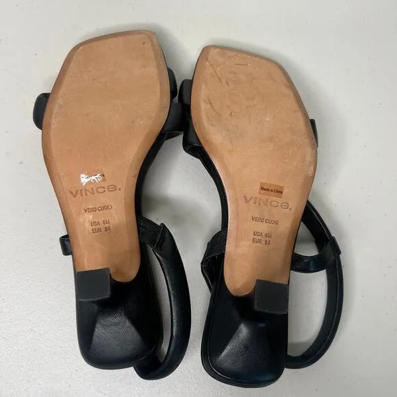 Vince Black Leather Tubular Slingback Square Toe Kitten Heel Sandals Size 6