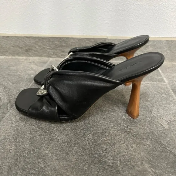 Vince Black Qiqi Open Toe Leather Slip on Heel Sandals