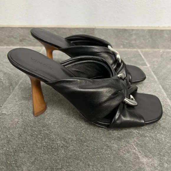 Vince Black Qiqi Open Toe Leather Slip on Heel Sandals
