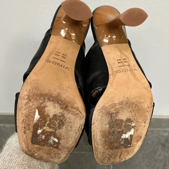 Vince Black Qiqi Open Toe Leather Slip on Heel Sandals