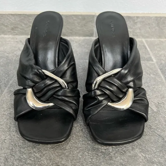 Vince Black Qiqi Open Toe Leather Slip on Heel Sandals