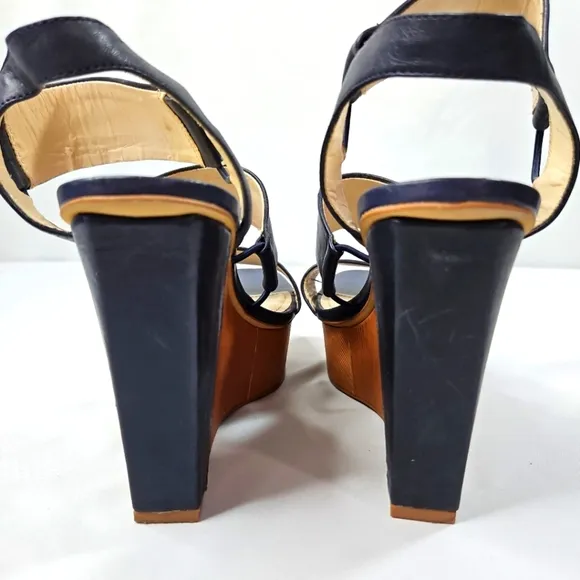 Vince Camuto Blue Leather  Open Toe Platform Wedge Sandals Sz 10