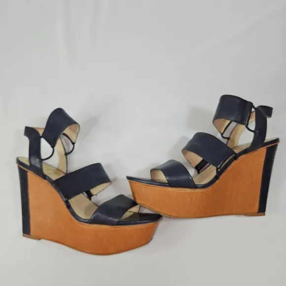 Vince Camuto Blue Leather  Open Toe Platform Wedge Sandals Sz 10
