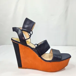 Vince Camuto Blue Leather  Open Toe Platform Wedge Sandals Sz 10