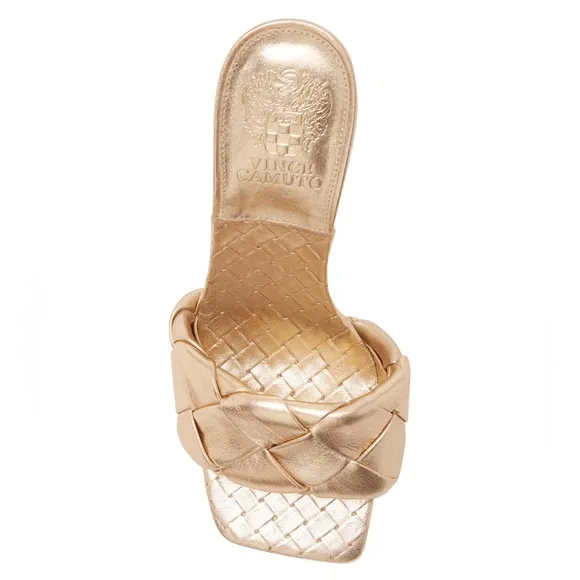 Vince Camuto Gold Genuine Leather Woven High Heel Mules Sandals