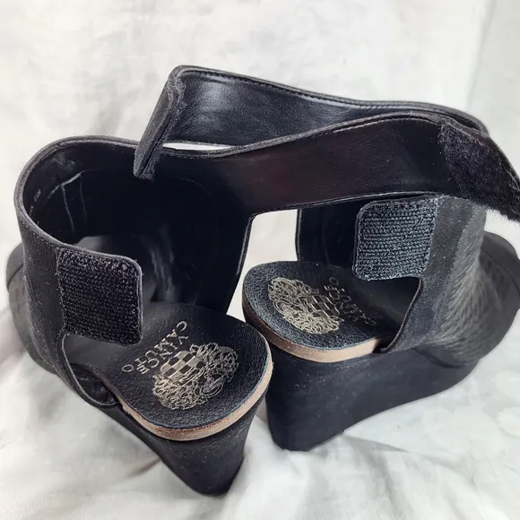 Vince Camuto Kyrene Black Leather SANDALS Womens Size 6.5M Wedge Heels Platform