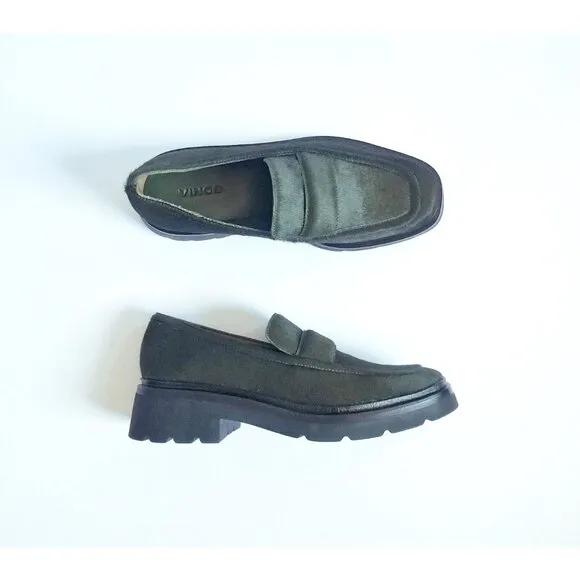 VINCE Robin Penny Loafers Dark Green Calf Hair EU 36 US 6 Slip On