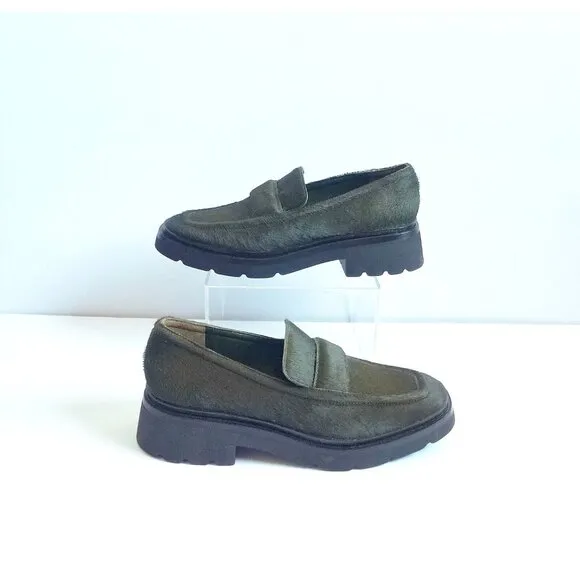 VINCE Robin Penny Loafers Dark Green Calf Hair EU 36 US 6 Slip On