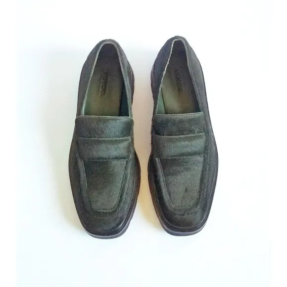 VINCE Robin Penny Loafers Dark Green Calf Hair EU 36 US 6 Slip On