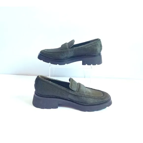 VINCE Robin Penny Loafers Dark Green Calf Hair EU 36 US 6 Slip On