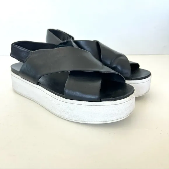 VINCE Weslan Black Leather White Trim Platform Open Toe Slingback Sandals Sz 7.5