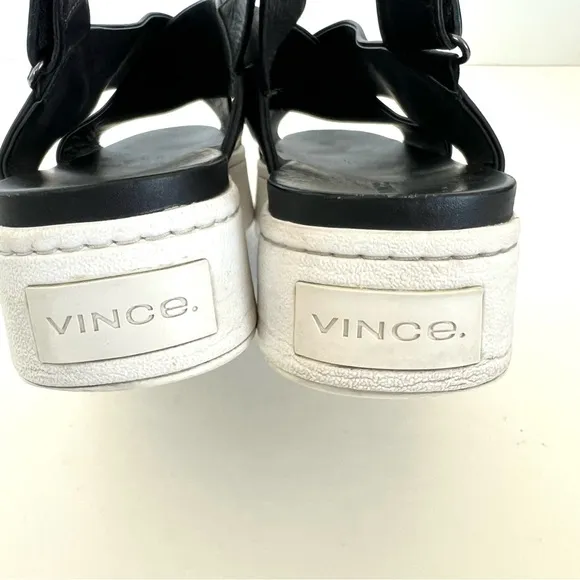 VINCE Weslan Black Leather White Trim Platform Open Toe Slingback Sandals Sz 7.5