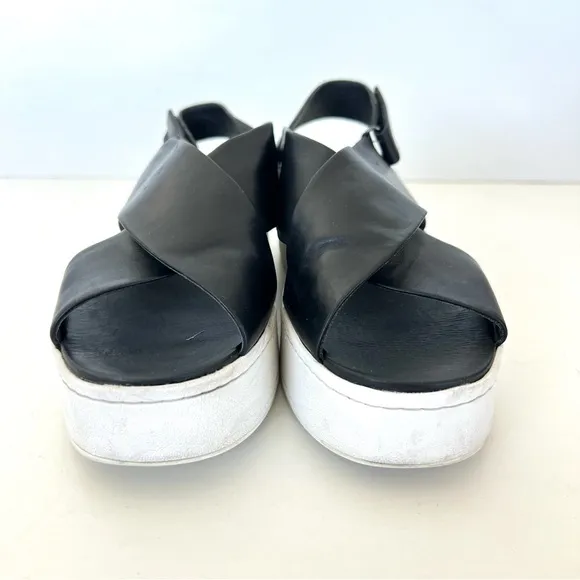 VINCE Weslan Black Leather White Trim Platform Open Toe Slingback Sandals Sz 7.5