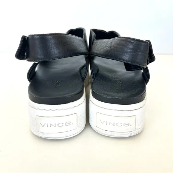 VINCE Weslan Black Leather White Trim Platform Open Toe Slingback Sandals Sz 7.5