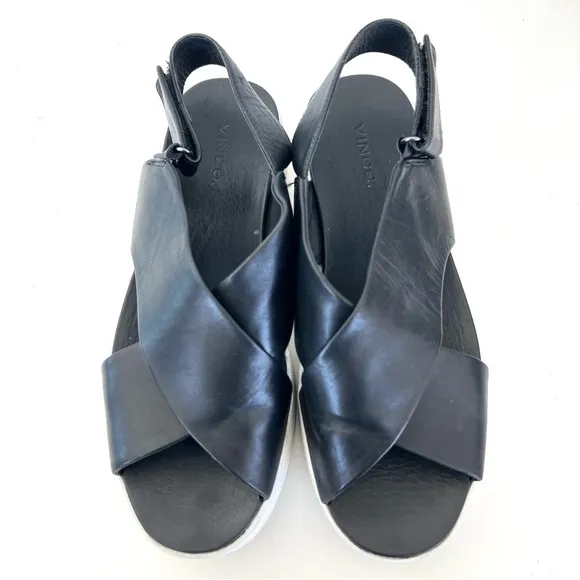 VINCE Weslan Black Leather White Trim Platform Open Toe Slingback Sandals Sz 7.5