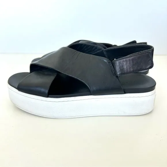 VINCE Weslan Black Leather White Trim Platform Open Toe Slingback Sandals Sz 7.5