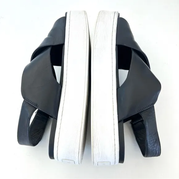 VINCE Weslan Black Leather White Trim Platform Open Toe Slingback Sandals Sz 7.5