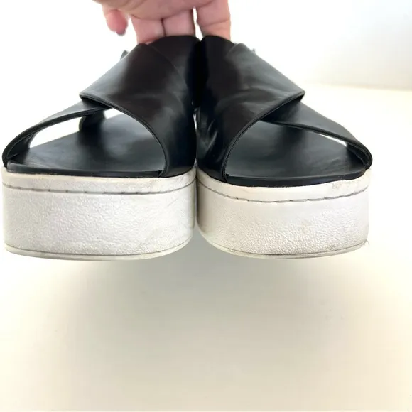 VINCE Weslan Black Leather White Trim Platform Open Toe Slingback Sandals Sz 7.5
