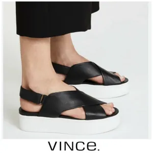 VINCE Weslan Black Leather White Trim Platform Open Toe Slingback Sandals Sz 7.5
