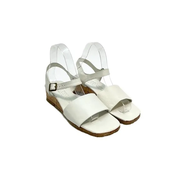 Vintage 1960s deadstock white leather strappy wedge sandals