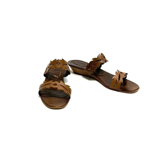 Vintage 1970s brown leather cutout strappy wedge sandals