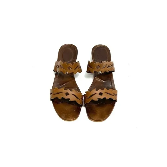 Vintage 1970s brown leather cutout strappy wedge sandals