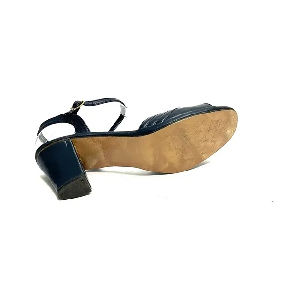 Vintage 1970s navy blue vegan leather open toe heeled sandals