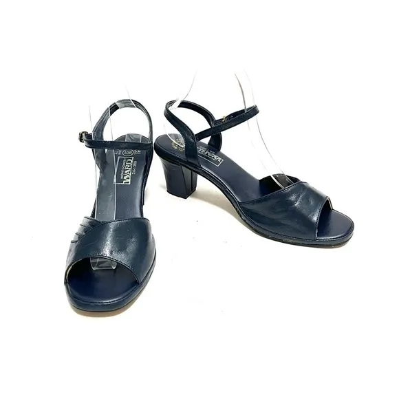 Vintage 1970s navy blue vegan leather open toe heeled sandals
