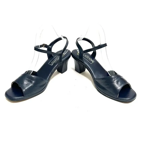 Vintage 1970s navy blue vegan leather open toe heeled sandals