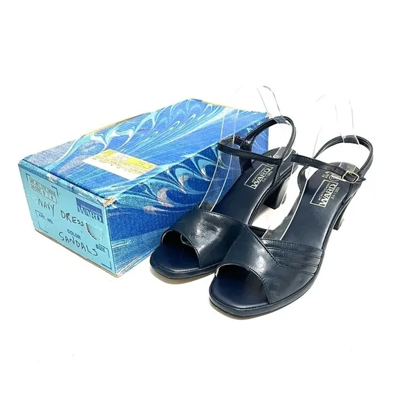 Vintage 1970s navy blue vegan leather open toe heeled sandals