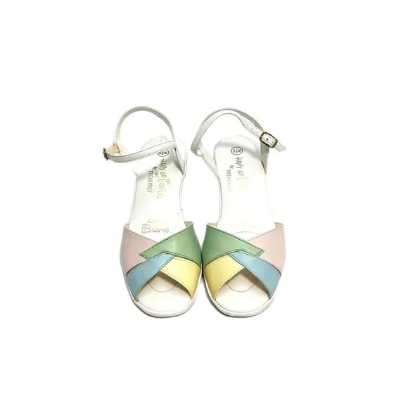 Vintage 1970s pastel and white vegan leather open toe strappy wedge sandals