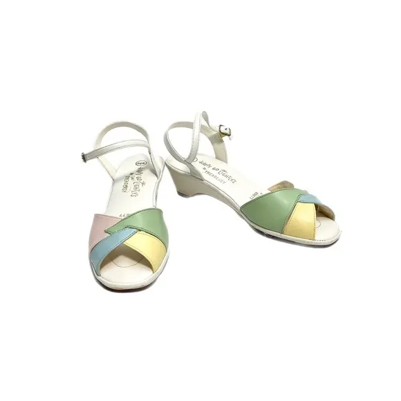 Vintage 1970s pastel and white vegan leather open toe strappy wedge sandals