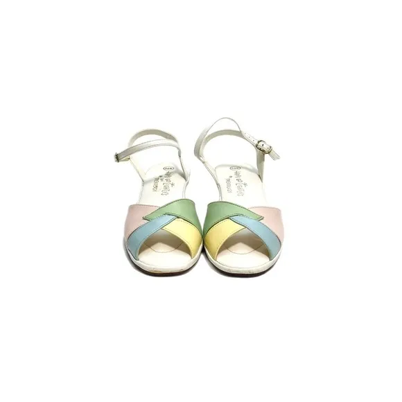 Vintage 1970s pastel and white vegan leather open toe strappy wedge sandals